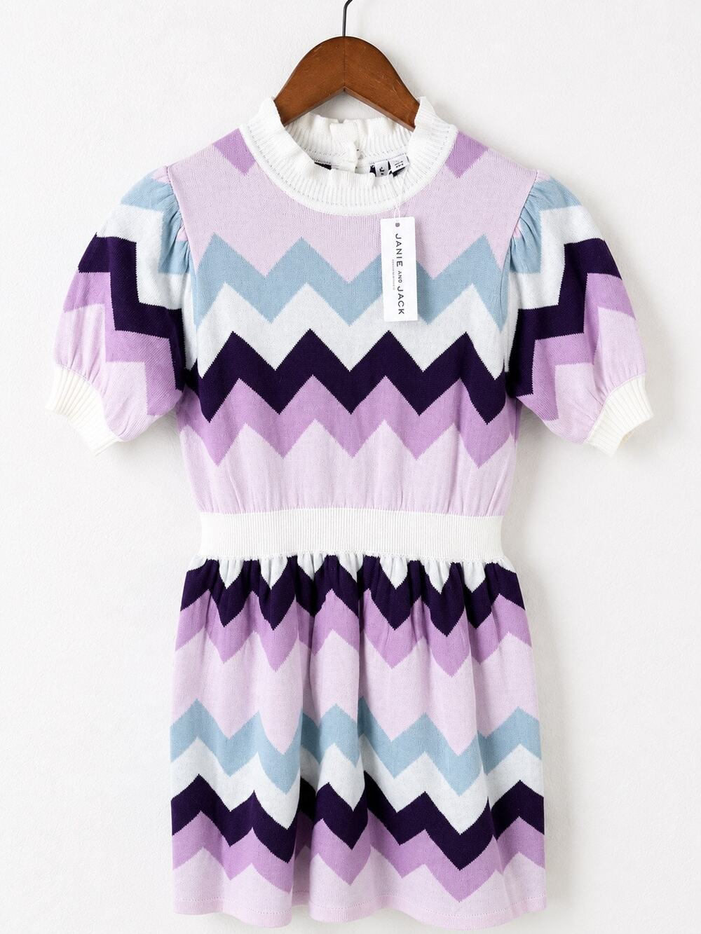 Janie and Jack Chevron Sweater Dress Girls Size 12 Mock Neck Puff Sleeve Purple